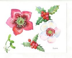 Hellebore Flowers and Holly, Watercolor Original, Flower, floral gift Christmas