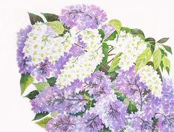 Bouquet of Lilac and Bird Cherry, Watercolor Original, Flower, floral gift, spring