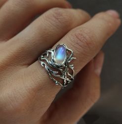 Moonstone ring, Elven ring, Sterling silver ring, Nature ring, Woodstyle ring
