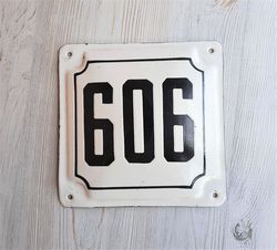Street address number plaque 606 - vintage Soviet white black house number plate