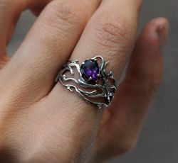 CUSTOM ORDER Amethyst ring, Sterling silver ring, Nature ring, Elven ring Woodstyle ring