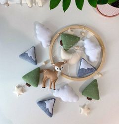 Baby mobile forest, Woodland baby mobiles, Woodland nursery decor, Baby mobile with deer, Baby mobile mountain forest