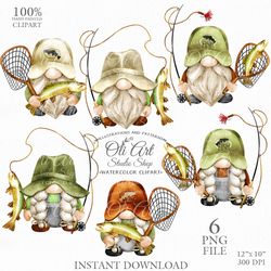 Fishing Gnome Clip Art. Camping. Cute Characters, Hand Drawn graphics. Digital Download. OliArtStudioShop
