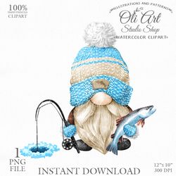 Ice Fishing Gnome Clip Art. Cute Characters, Hand Drawn graphics. Digital Download. OliArtStudioShop
