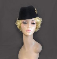 black cap, stewardess cap,black pillbox hat,black winter hat, felt hat,