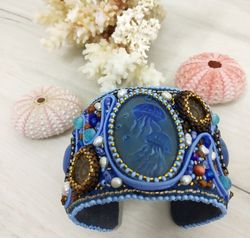 Medusa cuff, embroidered bracelet, jewelry sea, hand painted stone bracelet, art jewelry, blue statement cuff, BaoshiBea