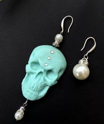Asymmetrical Hanging Blue Skull Earrings