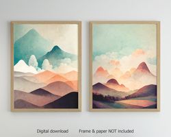 Boho set of 2 paints, DIGITAL print, watercolor landscape, bohemian pale colors art, mountains, beautiful sky, colorful