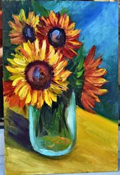 Sunflowers in a jar, oil painting with a palette knife, original painting