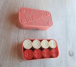 Soviet carbolite checkers red white - vintage Russian draughts set pink box