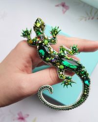 Green Lizard jewelry brooch with crystals, Lizard pin, Lizard brooch