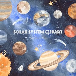 Solar system planets watercolor clipart with sun, earth, mars, venus, stars, space background