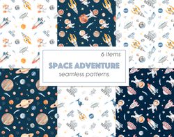 Space adventure watercolor seamless pattern with astronauts, solar system planets, rockets, stars, comets