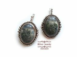 Silver handmade  earrings with natural landscape moss agate