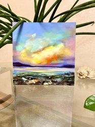 Purple sunset artwork. Ocean oil art. Mountain abstract landscape painting