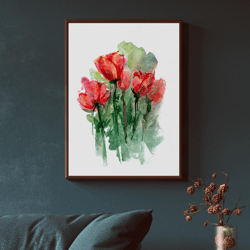 Poppies watercolor illustration. Botanical Wall Art. Digital download poster JPG Files. DIY Print Room Decor