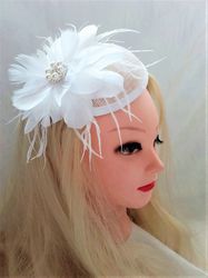 white wedding hat, white bridal fascinator, white bridal fascinator with feather flower, white bridal feather fascinator