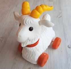 White Goat vintage Russian toy on wheels - Soviet riding goat doll plastic