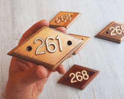 Old wooden address number sign 261 - vintage door number rhomb plate USSR