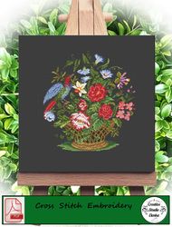 Embroidery scheme Basket and bird/ Vintage Cross Stitch Scheme Flower Basket