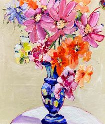 Flowers painting Oil on canvas Blue vase  panel Fauvism art Matisse inspired  Flowers bouquet painting Mothers day gift