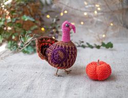 turkey miniature crochet bird, turkey fall decor for tier tray, turkey kitchen decor, farm animal soft toy 3"