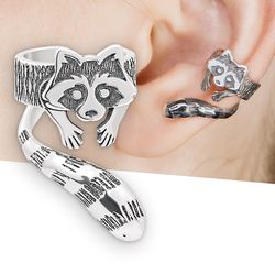 Raccoon ear cuff no piercing, Racoon earring silver jewelry