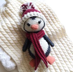 Baby Penguin stuffed toy in hat, handmade crocheted penguin gift idea for kids, Christmas toy gift idea