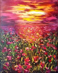 Sunset Oil Painting Art Original Impasto Poppies Flowers Field Svinar Oksana