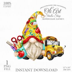 Gnome Clip Art. School Bus. Schoolboy Gnome, Hand Drawn graphics. Digital Download. OliArtStudioShop
