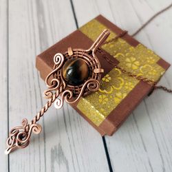 tigers eye key necklace. wire wrapped copper pendant with tigers eye bead. skeleton key necklace.