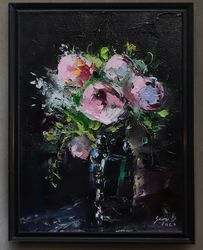 Peonies on a black background. Original oil painting. Flowers art. Original art. Gothic decor. Floral artwork