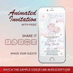 Unicorn video invitation with Music for Girl Baby Shower