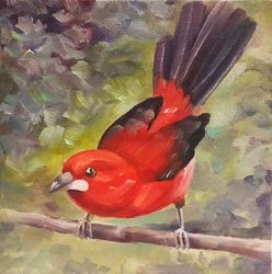 Red bird. Oil painting. Canvas on fiberboard. Original