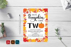 Pumpkin 2nd Birthday Invitation Card Editable Template.