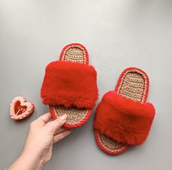 Red hemp slippers fur slides open toe