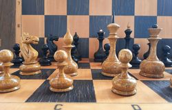 Old Soviet wooden chess pieces - black brown chessmen set vintage