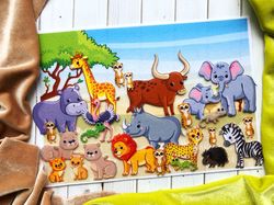 Developing tablet, Set Animals of Africa, Felt board story, Tactile book, Figget Sensory toy