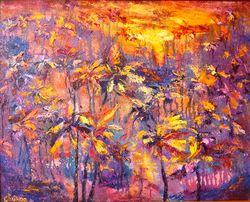 Sunset Oil Painting Original Art Palm Trees Pond Tropics Artist Svinar Oksana
