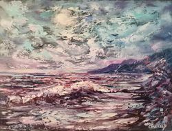 Moon Night Mountains Sea Wave Original Art Oil Painting Artist Svinar Oksana