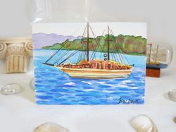 Miniature boat on waves, watercolor painting seascape, water, waves, ACEO original