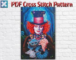 Alice In Wonderland Cross Stitch Pattern / The Mad Hatter Cross Stitch Pattern / Cheshire Cat PDF Cross Stitch Chart