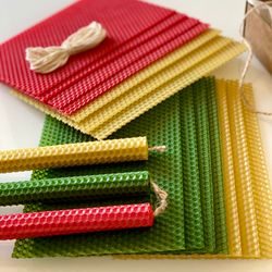 diy christmas candle set - 14 tapered beeswax candles in red, green, natural colors - gift idea for friends and family.