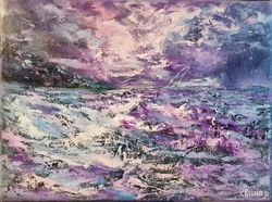 Art Oil Painting Night Moonrise Waves Sea Original Storm Artist Svinar Oksana
