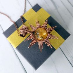 wire wrapped copper necklace with citrine. sun pendant with citrine bead.