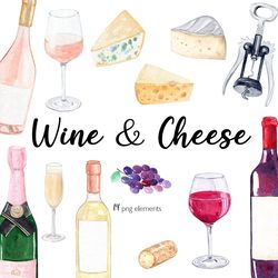 wine and cheese watercolor clipart, alcohol bottles and glasses png