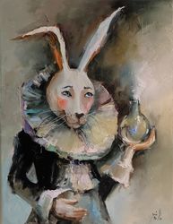 Rabbit original oil painting. Alice wall art. Rabbit original art. Canvas painting, Oil art. White rabbit artwork
