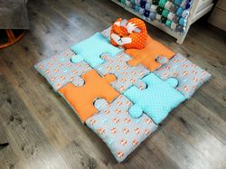 Puzzle baby play mat with foxes in gray-mint-orange colors, baby shower gift, fox nursery rug, nursery decor