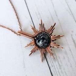 Wire wrapped copper necklace with Snowflake Obsidian. Sun pendant with Snowflake Obsidian.