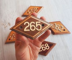 Wooden address door number plate 265 - vintage rhomb apt number sign USSR